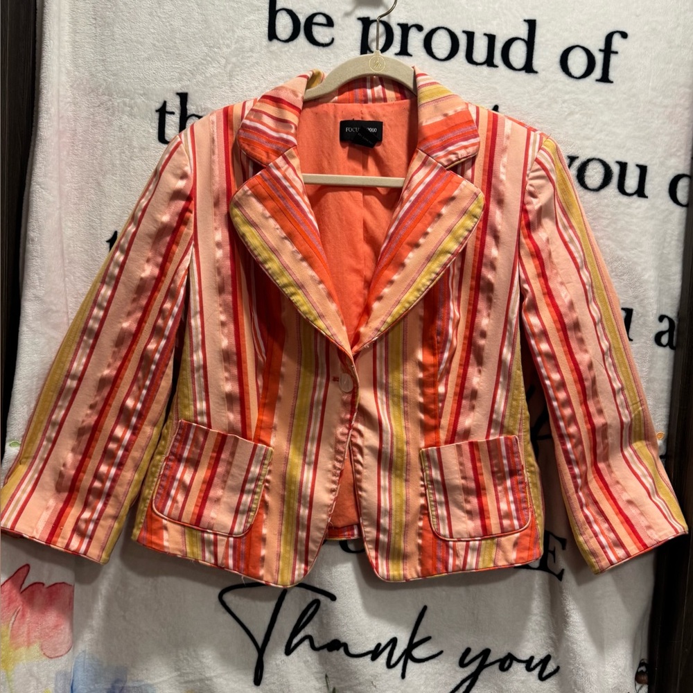 Focus 2000  Striped Cotton-Blend Blazer in Pink, Orange & Yellow size 16